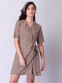 FabAlley - Brown Geometric Wrap Shirt Dress