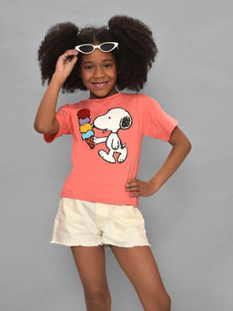 Mi Arcus - Peach Peanuts Snoopy Printed T-Shirt for Kids