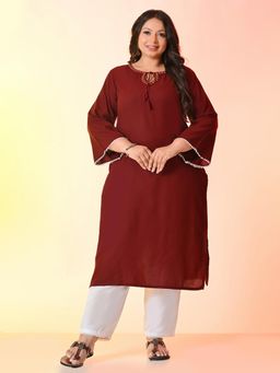 Desi Noor - Plus Size Maroon Anchor Embroidered Rayon Kurta