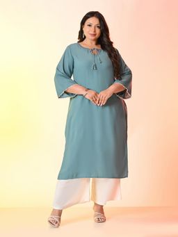 Desi Noor - Plus Size Green Anchor Embroidered Rayon Kurta