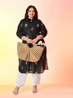 Desi Noor - Plus Size Black Floral Print Kurta