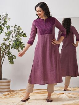 Kami Kubi - Geometric A-Line Ikat Trim And Hand Embroidery Purple Cotton Kurta