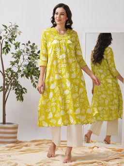 Kami Kubi - Gathered A-Line Printed Cotton Yellow Kurta