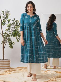 Kami Kubi - A-Line Printed Three Fourth Sleeves Blue Kurta