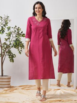 Kami Kubi - Straight Fit Embroidered Three Fourth Sleeves Pink Kurta