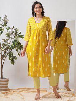 Kami Kubi - Straight Fit Printed Three Fourth Sleeves Yellow Kurta