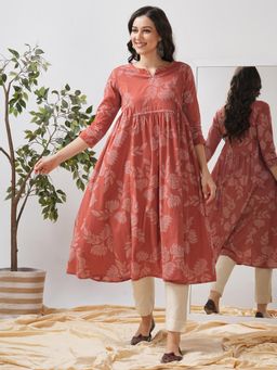 Kami Kubi - Flared Mirror Work Three Fourth Sleeves Rust Kurta