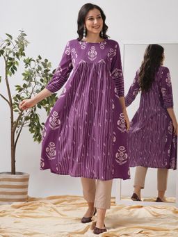 Kami Kubi - Flared Printed Three Fourth Sleeves Purple Kurta