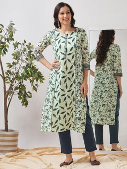 Kami Kubi - Straight Fit Printed Three Fourth Sleeves Off White Kurta