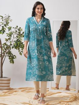 Kami Kubi - Straight Fit Printed Three Fourth Sleeves Blue Kurta