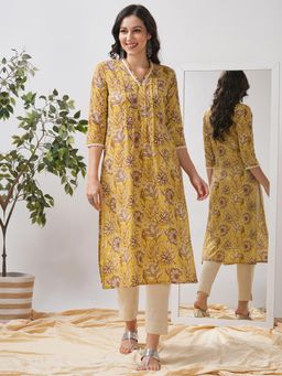 Kami Kubi - Straight Fit Printed Three Fourth Sleeves Yellow Kurta