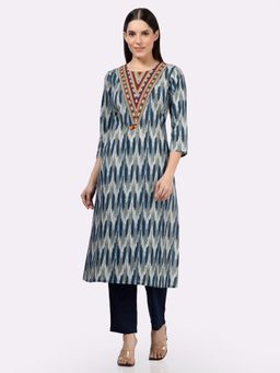 Saffron Threads - Navy Blue Neck Embroidery Cotton Kurta