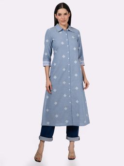 Saffron Threads - Blue Cotton Shirt Collar Kurta