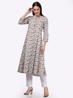 Saffron Threads - Brown Floral Printed Button Down Cotton Kurta