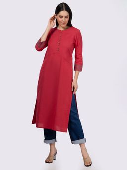 Saffron Threads - Red Solid Cotton Blend Kurta