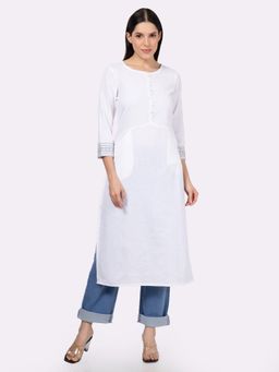Saffron Threads - White Solid Cotton Blend Kurta