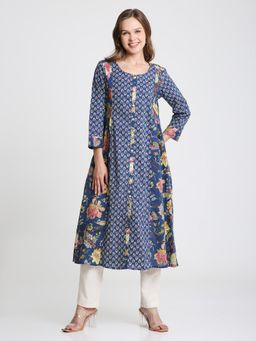 Saffron Threads - Blue Cotton Floral Printed Panelled Kurta