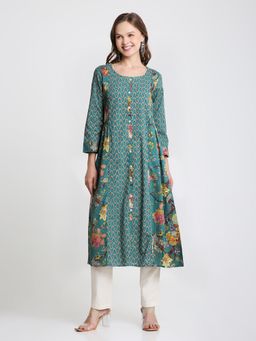 Saffron Threads - Green Cotton Floral Printed Panelled Kurta