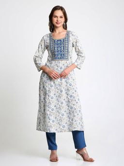 Saffron Threads - Teal Floral Cotton Kurta