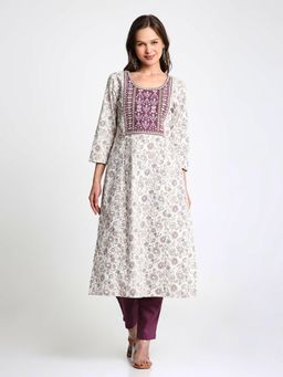 Saffron Threads - Wine Embroidered Cotton Kurta