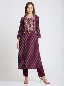 Saffron Threads - Wine Embroidered Cotton Kurta