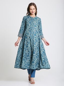 Saffron Threads - Teal Floral Printed Cotton Kurta