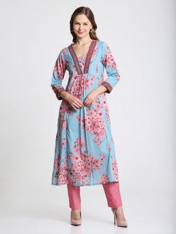 Saffron Threads - Blue Cotton V-Neck Floral Print Kurta