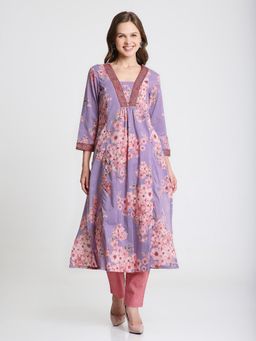 Saffron Threads - Lavender Cotton V-Neck Floral Print Kurta
