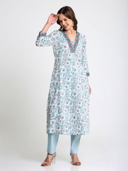 Saffron Threads - Blue Floral Print Kurta