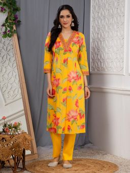 Saffron Threads - Yellow Floral Print Cotton Kurta