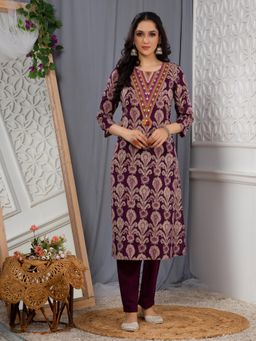 Saffron Threads - Wine Ikat Print Cotton Kurta