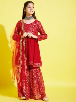 Cherry & Jerry - Girls Embroidered Kurta and Sharara with Dupatta (Set of 3)