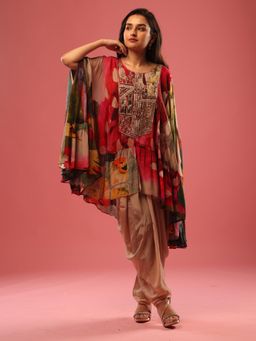 Sindh Fashion - Floral Kaftan With Beige Dhoti Pants (Set of 2)