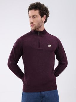 Monte Carlo - Burgundy Solid Full Sleeve Zipper Sweater