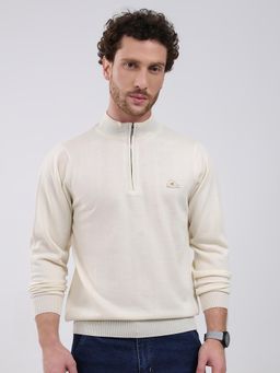 Monte Carlo - Cream Solid Full Sleeve Zipper Sweater