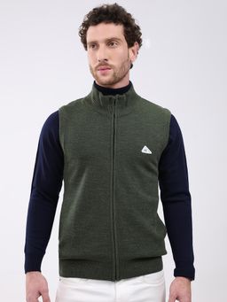 Monte Carlo - Olive Solid Zipper Sleeveless Sweater