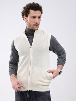 Monte Carlo - Cream Solid Zipper Sleeveless Sweater