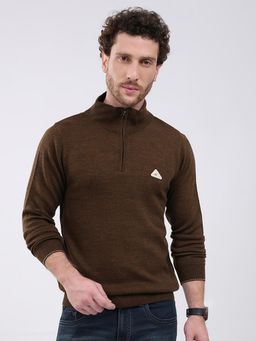 Monte Carlo - Brown Solid Full Sleeve Zipper Sweater