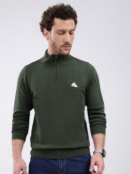 Monte Carlo - Olive Solid Full Sleeve Zipper Sweater