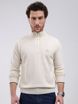 Monte Carlo - Cream Solid Full Sleeve Zipper Sweater