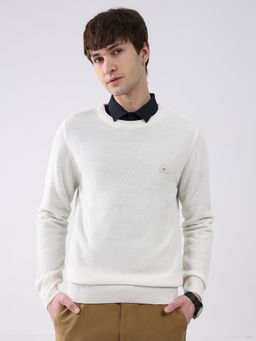 Monte Carlo - White Solid Full Sleeve Pullover Sweater