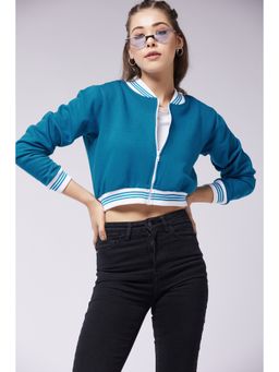Miss Chase - Women's Teal V-neck Full Sleeve Solid Crop Jacket