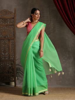 Triyah - Parakeet Green Kota Doria Saree with Border and Tassels