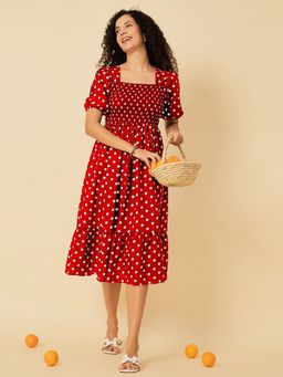 Uptownie - Smocked Tiered Red Knee Length Dress