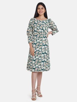 Zink London - Women Dark Green Blossom Cuffed Midi Dress