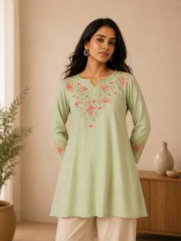 QAZMI - Kashmiri Aari Work Viscose Rayon A-Line Flared Kurti