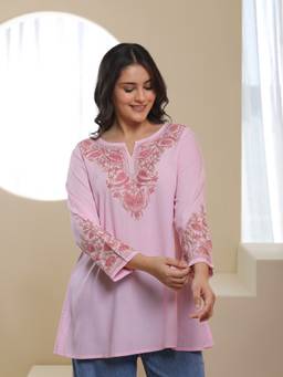 QAZMI - Pink Women Aari Embroidered Viscose Rayon A-Line Short Kurti