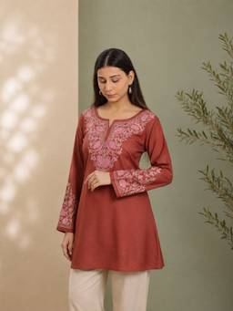 QAZMI - Brown Women Aari Embroidered Viscose Rayon A-Line Short Kurti