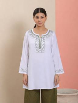 QAZMI - White Women Aari Embroidered Viscose Rayon A-Line Short Kurti With Full Sleeves