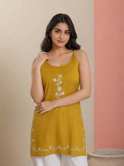 QAZMI - Mustard Women Embroidered Viscose Rayon Sleeveless Embroidered Kurti